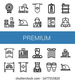 premium simple icons set. Contains such icons as Badge, Barrels, Quality, Chicken, Banner, Barber, Accreditation, Barrel, Bakery, King, Pastry, can be used for web, mobile and logo