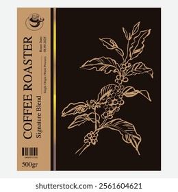 Premium sketch illustration of Robusta Arabica coffee in ink and gold on digital paper for poster design, packaging, labels, stickers, cafes, restaurants, menus, art prints, paper walls, fabric patter