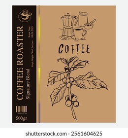 Premium sketch illustration of Robusta Arabica coffee in ink and gold on digital paper for poster design, packaging, labels, stickers, cafes, restaurants, menus, art prints, paper walls, fabric patter