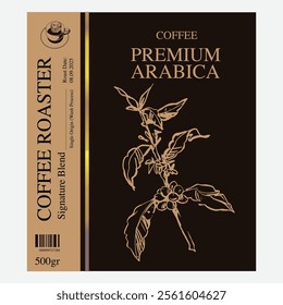 Premium sketch illustration of Robusta Arabica coffee in ink and gold on digital paper for poster design, packaging, labels, stickers, cafes, restaurants, menus, art prints, paper walls, fabric patter