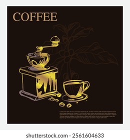 Premium sketch illustration of Robusta Arabica coffee in ink and gold on digital paper for poster design, packaging, labels, stickers, cafes, restaurants, menus, art prints, paper walls, fabric patter