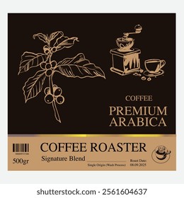 Premium sketch illustration of Robusta Arabica coffee in ink and gold on digital paper for poster design, packaging, labels, stickers, cafes, restaurants, menus, art prints, paper walls, fabric patter