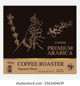 Premium sketch illustration of Robusta Arabica coffee in ink and gold on digital paper for poster design, packaging, labels, stickers, cafes, restaurants, menus, art prints, paper walls, fabric patter