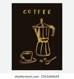 Premium sketch illustration of Robusta Arabica coffee in ink and gold on digital paper for poster design, packaging, labels, stickers, cafes, restaurants, menus, art prints, paper walls, fabric patter