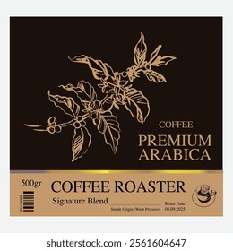 Premium sketch illustration of Robusta Arabica coffee in ink and gold on digital paper for poster design, packaging, labels, stickers, cafes, restaurants, menus, art prints, paper walls, fabric patter