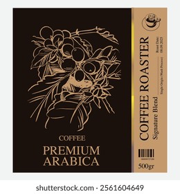 Premium sketch illustration of Robusta Arabica coffee in ink and gold on digital paper for poster design, packaging, labels, stickers, cafes, restaurants, menus, art prints, paper walls, fabric patter