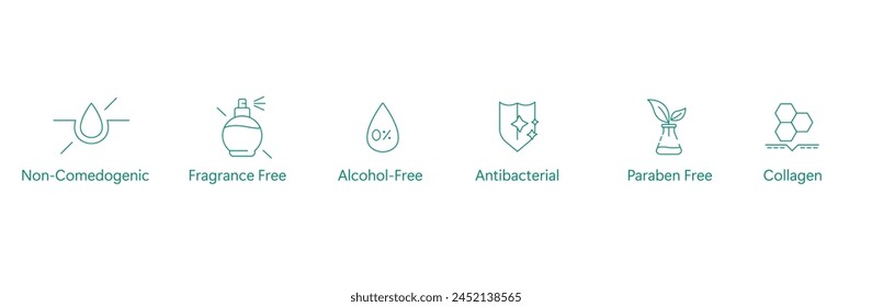 Premium Skincare Icon: No-Comedogénico, Libre de Fragancias, Libre de Alcohol, Antibacteriano, Libre de Parabenos con Diseño de Vector de Colágeno