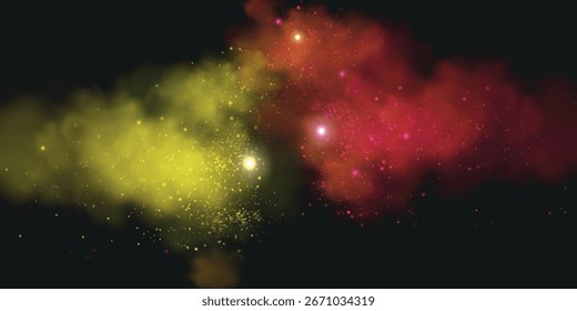 Fondo de humo premium. Humo mágico con brillo y Pequeñas partículas de estrellas centelleantes, niebla con partículas brillantes, vapor rojo con polvo de estrellas. Arte vectorial.	