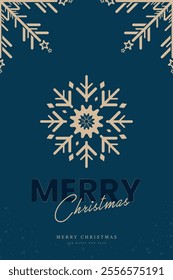 Premium snow flakes frame, with Merry Christmas text on blue background post card, Gold luxury snow flake element, used in banner, web UI, backdrop, greeting card vector illustration