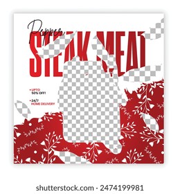 Premium social media post design template for restaurant with a dish of paper steak meat