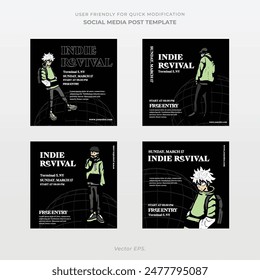 Premium Social Media Post Plantilla para Indie Music Fest en estilo brutalismo y2k luz blanca verde con Vector de fondo negro 