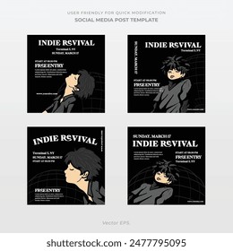 Premium Social Media Post Plantilla para Indie Music Fest en estilo brutalismo y2k gris con Vector de fondo negro 