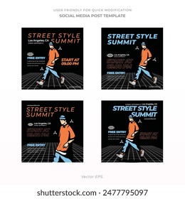 Premium Social Media Post Plantilla para Indie Music Fest en estilo brutalismo y2k azul naranja con Vector de fondo negro 
