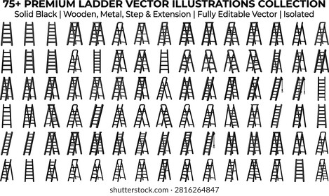 Premium solid black ladder vector icon collection featuring various wooden metal step and extension climbing ladders isolated graphics