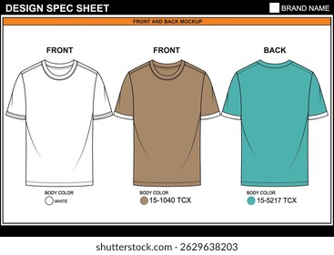 PREMIUM SOLID CREW NECK TEE CAD EDITABLE FLAT TECHKNICAL FASHION SKETCH VECTOR MOCKUP