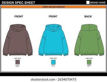 PREMIUM SOLID KIDS HOODIE CAD EDITABLE FLAT TECHKNICAL FASHION SKETCH VECTOR MOCKUP