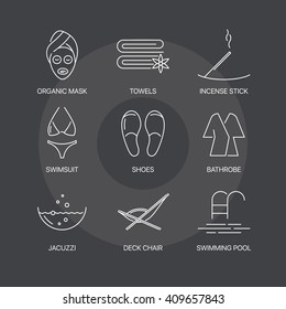 Premium spa thin line icons set on dark background. Exceptional elegant linear logo concept. Exclusive outline sign vector illustration.