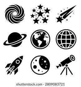 Premium Space Astronomy icon collection featuring the most popular cosmic symbols including galaxies, planets, rockets, telescopes, and celestial objects. Perfect for STEM education, science projects, space exploration themes, and astronomy enthusiasts.