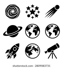 Premium Space Astronomy icon collection featuring the most popular cosmic symbols including galaxies, planets, rockets, telescopes, and celestial objects. Perfect for STEM education, science projects, space exploration themes, and astronomy enthusiasts.