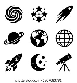 Premium Space Astronomy icon collection featuring the most popular cosmic symbols including galaxies, planets, rockets, telescopes, and celestial objects. Perfect for STEM education, science projects, space exploration themes, and astronomy enthusiasts.