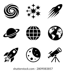Premium Space Astronomy icon collection featuring the most popular cosmic symbols including galaxies, planets, rockets, telescopes, and celestial objects. Perfect for STEM education, science projects, space exploration themes, and astronomy enthusiasts.
