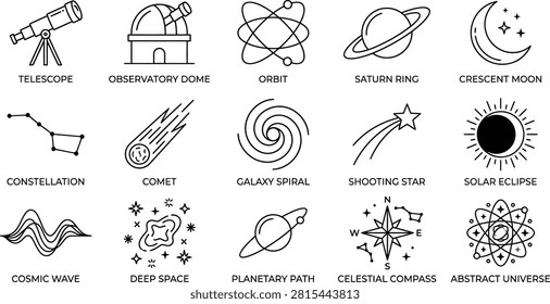 Premium space and astronomy line icons vector collection featuring clean, modern, and editable outline symbols for astronomy, space exploration, science, education, and technology projects. Includes telescope, observatory dome, orbit, Saturn ring, crescent moon, constellation, comet, galaxy spiral, shooting star, solar eclipse, cosmic wave, deep space, planetary path, celestial compass, and abstract universe icons. Perfect for websites, mobile apps, presentations, educational materials, infographics, and print media.