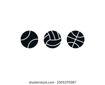 Premium Sports Ball Icons Set. Detailed Silhouettes of Tennis, Volleyball, and Basketball. High-Quality Athletic Vector Outline Icon for Sports Enthusiasts, Merchandise, Branding and Athletic Visuals.