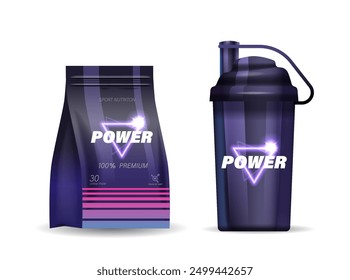 Premium Sports Nutrition Supplement Package And A Matching Shaker Bottle. Sleek And Modern Realistic 3d Vector Design