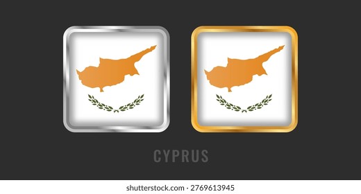 Premium square gold and silver labels featuring the flag of Cyprus. High-quality metallic emblems for Cypriot products, exports, and manufacturing origin.