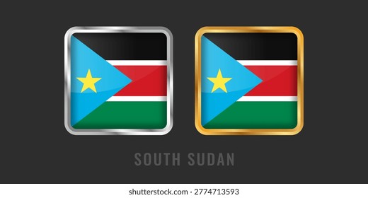 Premium square gold and silver labels with the South Sudan flag. High-quality national emblems for local products, exports, and manufacturing origin certification. African icons.