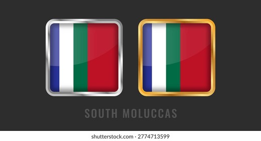 Premium square gold and silver labels with the Republic of South Moluccas (RMS) flag. High-quality emblems for Maluku products, export certification, and manufacturing origin certification.