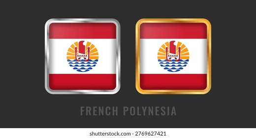 Premium square labels with the French Polynesia flag in gold and silver frames. Polynesian manufacturing origin and product certification emblems.