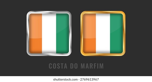 Premium square metallic labels with the Ivory Coast flag. High-quality gold and silver emblems for Ivorian products, exports, and national certification.