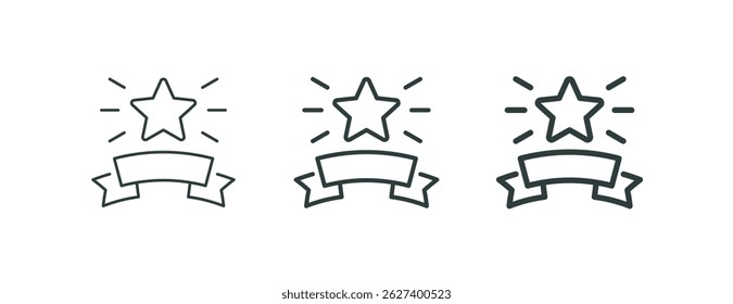 Premium star, high rank, excellence award, outline icons. Line signs sparkling five-pointed star with rays and ribbon. Vector isolated pictograms for web and app on white background editable stroke.