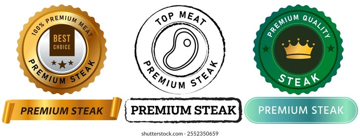 Premium steak beef meat best choice high quality smoked grilled cow fresh food protein BBQ stamp colorful badges sticker label banner emblem medal medallion button ribbon design icon set collection