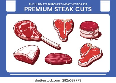 Premium steak cuts vector set with tomahawk steak, T-bone, bacon-wrapped filet mignon and porterhouse, flat illustration