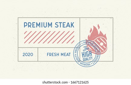 Premium Steak vintage label. Minimal design of old label with steak silhouette and stamp. Vintage sticker, label for steakhouse, barbecue, restaurant, logo.