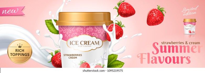 Premium strawberry ice cream cup with fresh fruit and splashing milk on light pink background, 3d illustration