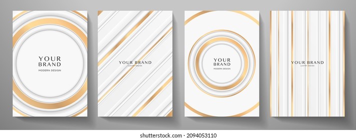 Premium stripe cover design set. Luxury line pattern with metallic gloss in gold, white color. Formal vector background for luxe invite, business brochure, poster, notebook, menu template