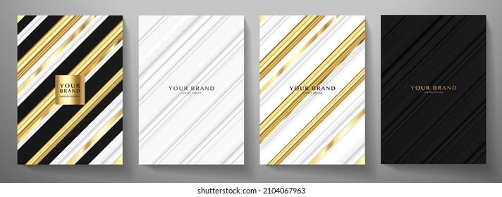 Premium stripe cover design set. Luxury line pattern with metallic gloss in gold, black, white color. Formal vector background for business brochure, poster, notebook, menu template