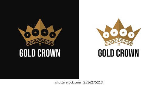 Premium style abstract gold crown logo symbol with stars. Royal king icon. Modern luxury brand element sign. Vector illustration. 