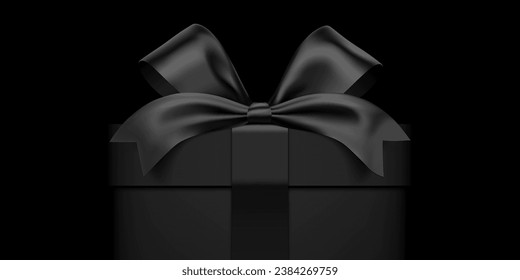 Premium style black gift box wrapped with satin ribbon on a dark background. Giftbox closeup banner vector design.