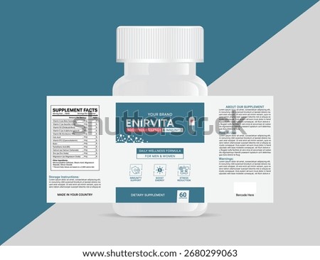Premium supplement bottle label template designed for vitamins, capsules, dietary supplements, and wellness products.