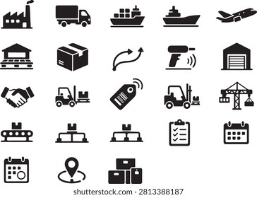 Premium supply chain icon set featuring logistics, inventory management, warehouse, shipping, transportation, procurement, distribution, delivery, tracking, packaging, and fulfillment line icons. Clean, modern, editable vector icons perfect for business, logistics, e-commerce, presentations, websites, mobile apps, dashboards, and user interface design.