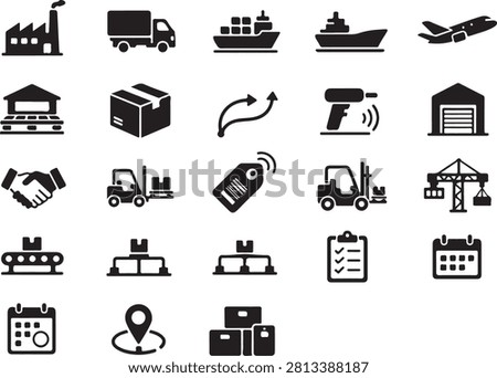 Premium supply chain icon set featuring logistics, inventory management, warehouse, shipping, transportation, procurement, distribution, delivery, tracking, packaging, and fulfillment line icons. Clean, modern, editable vector icons perfect for business, logistics, e-commerce, presentations, websites, mobile apps, dashboards, and user interface design.