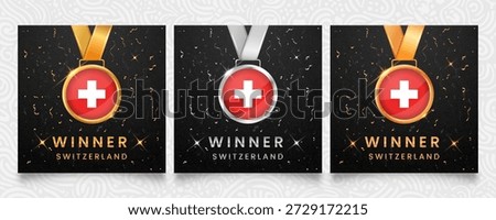 A premium Switzerland winner set featuring gold, silver and bronze medals with the national Swiss flag design, displayed on a dark background with festive confetti and sparkling highlights