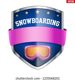 Premium symbol of Snowboarding label. Sign of Shield with goggles and ribbon. Symbol of sport or resort. Vector Illustration isolated on white background.