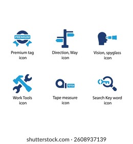 Premium tag, Direction, Vision, spyglass, Work Tools, Tape measure, Search Key word, Blue Icon Set