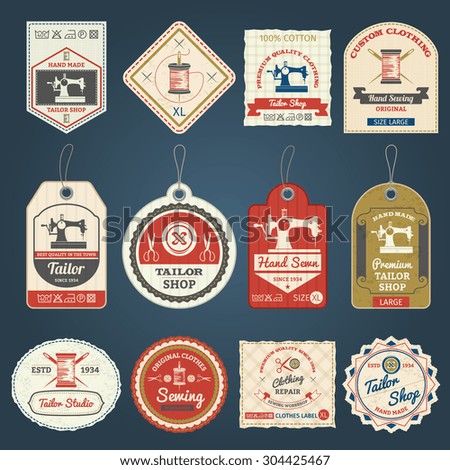 Premium tailor shop for custom made clothes labels and badges samples collection vintage abstract isolated vector illustration