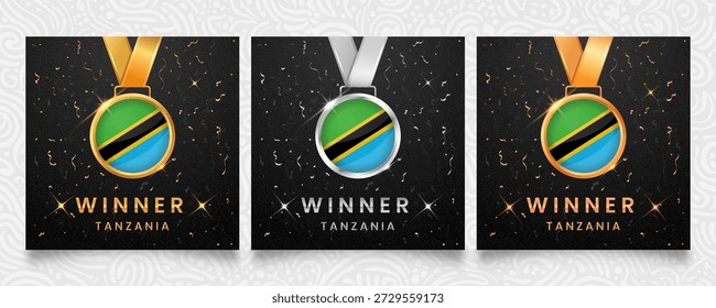 Premium conjunto vencedor da Tanzânia com medalhas de ouro, prata e bronze com o design da bandeira nacional, exibido em um fundo escuro com confetes festivos e destaques cintilantes